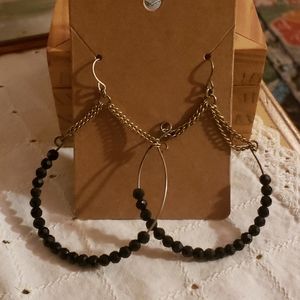 Black Faceted Beaded Dangle Hoop Earrings